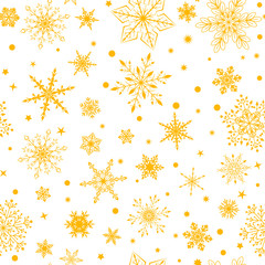 Christmas seamless pattern with various complex big and small snowflakes, yellow on white background