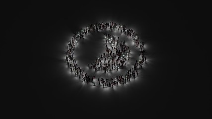 3d rendering of crowd of people with flashlight in shape of symbol of photo on dark background