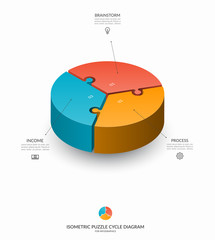 Infographic isometric puzzle circular template. Cycle diagram with 3 steps, pieces, parts. 3d process chart that can be used for report, business analytics, data visualization and presentation.