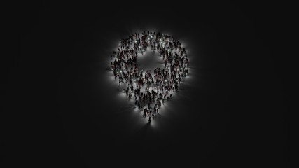 3d rendering of crowd of people with flashlight in shape of symbol of placeholder on dark background