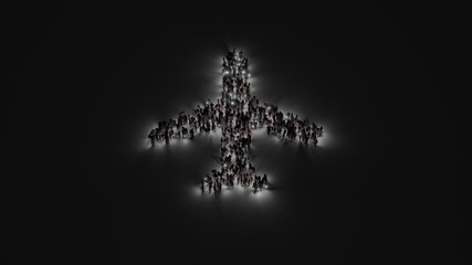 3d rendering of crowd of people with flashlight in shape of symbol of plane on dark background