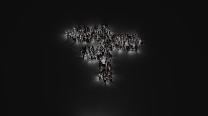 3d rendering of crowd of people with flashlight in shape of symbol of pointer on dark background