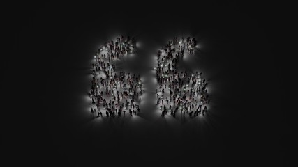 3d rendering of crowd of people with flashlight in shape of symbol of quote left on dark background