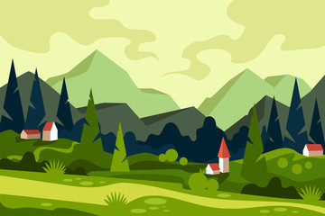 Summer mountain landscape. Vector flat illustration. Countryside. Green hills. Cartoon style. 