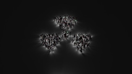 3d rendering of crowd of people with flashlight in shape of symbol of radiation on dark background