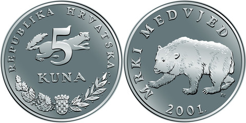 Croatian 5 kuna coin, Brown bear on reverse, marten, coat of arms, state title and indication of value on obverse, official coin in Croatia
