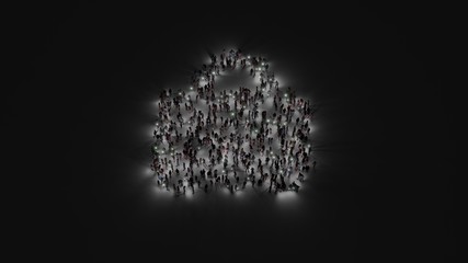 3d rendering of crowd of people with flashlight in shape of symbol of shopping bag on dark background