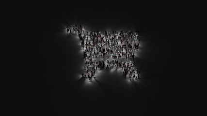 3d rendering of crowd of people with flashlight in shape of symbol of shopping cart on dark background