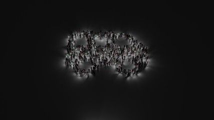3d rendering of crowd of people with flashlight in shape of symbol of shuttle van on dark background