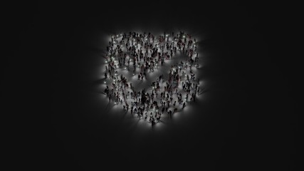 3d rendering of crowd of people with flashlight in shape of symbol of signal on dark background