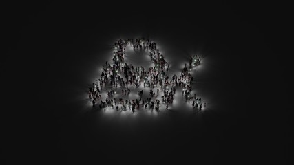 3d rendering of crowd of people with flashlight in shape of symbol of snowplow on dark background