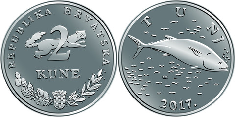 Croatian 2 kuna coin, Tuna on reverse, marten, coat of arms, state title and indication of value on obverse, official coin in Croatia