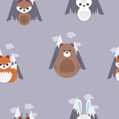Forest seamless pattern with cute animals-fox, deer, bear, rabbit. Vector illustration