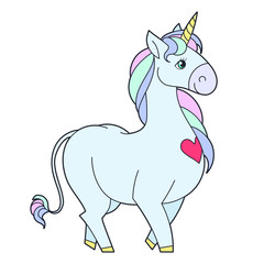 Cute hand drawn cartoon unicorn. Vector illustration on a white background for designing baby clothes, kid print, posters, coloring page