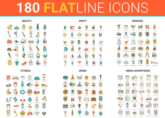 Fototapeta na wymiar Flat thin line icons vector illustration set with beauty fashion salon symbols, fitness sport, wedding party entertainment and drink cocktails, social media advertising outline modern collection