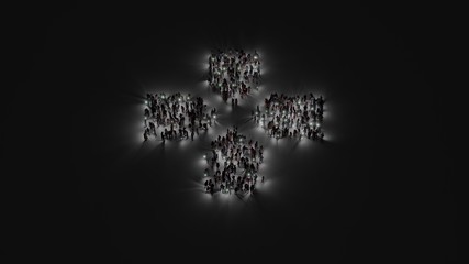 3d rendering of crowd of people with flashlight in shape of symbol of technology on dark background