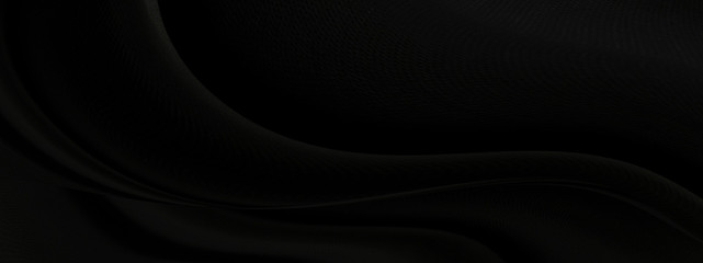 Black gray satin dark fabric texture luxurious shiny that is abstract silk cloth panorama background with patterns soft waves blur beautiful.
