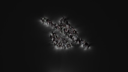 3d rendering of crowd of people with flashlight in shape of symbol of tint slash on dark background