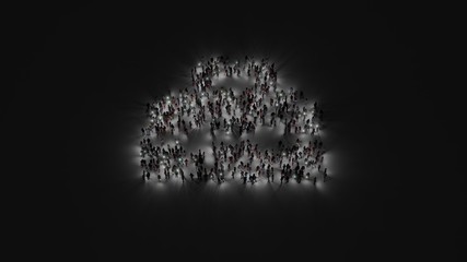 3d rendering of crowd of people with flashlight in shape of symbol of toolbox on dark background