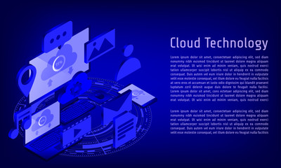 Cloud technology computing service isometric with computer laptop smartphone and icons