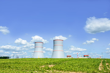 NPP, Cooling towers of nuclear power plant which is under construction in Astravets, Grodno region,...