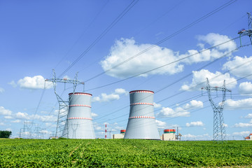 NPP, Cooling towers of nuclear power plant which is under construction in Astravets, Grodno region,...