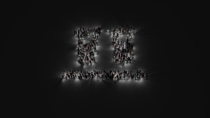 3d rendering of crowd of people with flashlight in shape of symbol of vials on dark background