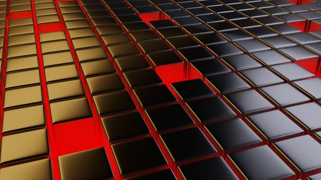 Abstract background of metallic cubic tiles separated with spaces. Warm and cold lightning from sides and red lightning between cubes. 3D illustration, concept, template, art.