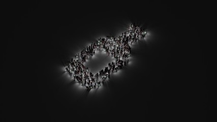 3d rendering of crowd of people with flashlight in shape of symbol of wine bottle on dark background