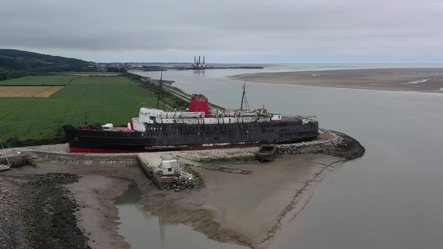 Mostyn Docks, River Dee, North Wales, UK. TSS Duke of Lancaster abandoned railway steamer ship docked in Mostyn Docks, River Dee, North Wales