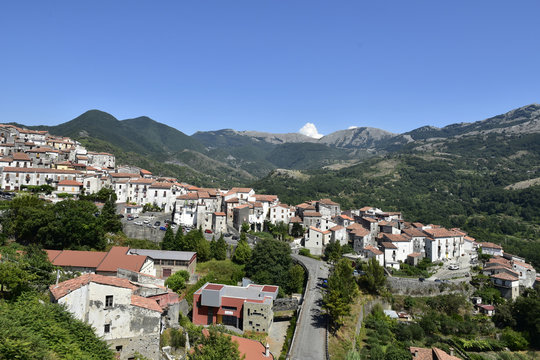 Panoramic view of Aieta, a rural village in the mountains of the Calabria region.