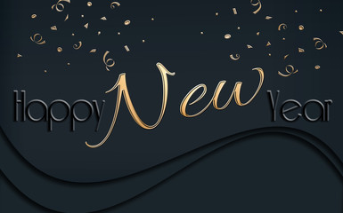 Fototapeta na wymiar 2021 Happy New Year Background. Luxury gold black text Happy New Year with shiny confetti. Dark dramatic greeting card. 3D illustration
