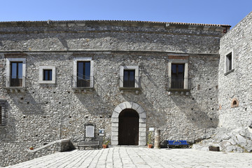 Fototapeta na wymiar The facade of a historic building in aieta, a town in the mountains of the Calabria region.