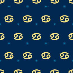Zodiac seamless pattern. Repeating cancer gold sign with stars on the blue background. Vector horoscope symbol