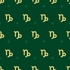 Zodiac seamless pattern. Repeating capricorn gold sign with stars on the green background. Vector horoscope symbol
