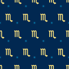 Zodiac seamless pattern. Repeating scorpio gold sign with stars on the blue background. Vector horoscope symbol