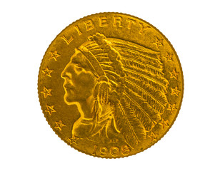 Gold Indian Head $ 2.50 vintage coin, isolated