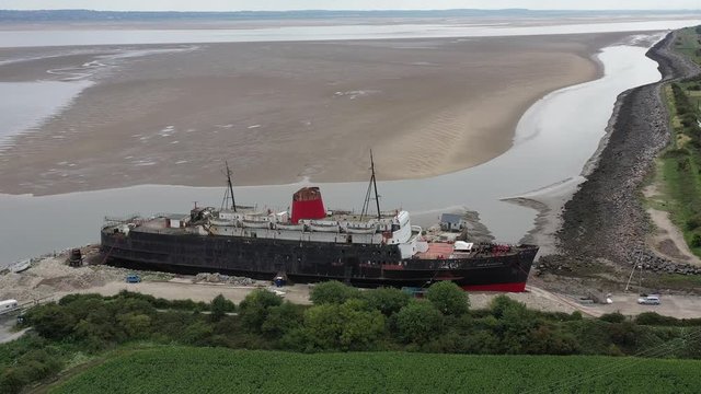 Mostyn Docks, River Dee, North Wales, UK. TSS Duke of Lancaster abandoned railway steamer ship docked in Mostyn Docks, River Dee, North Wales
