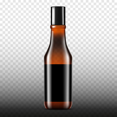 Clear dark glass bottle with black screw cap and blank label on transparent background, vector mockup. Liquid product packaging, mockup