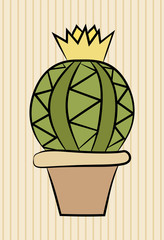 Blooming cactus in pot. Black outline. Hand drawn style. Vector illustration.