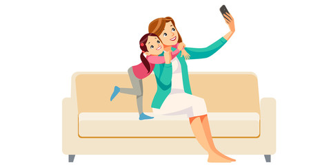 Mother and daughter making selfie together. Girl and her mom are doing selfie using a smart phone. Mother's day. Isolated vector illustration