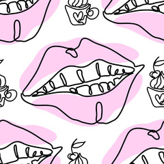 Vector seamless pattern with sexy pink lips on white background. Fashion concept. Trendy fabric print. Use for postcard, wallpaper, pattern fills, web page background, surface textures, textile.