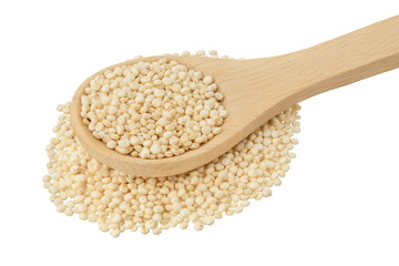 white quinoa seeds in wooden spoon isolated on white background with clipping path and full depth of field.