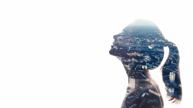 Freedom mind. Dreamful girl. Silhouette woman isolated on white. Double exposure, aerial city view. Free space. Balance and harmony