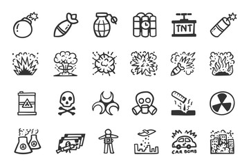 Explosion Bomb icon set. Hand drawn color doodle icons.