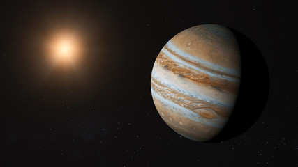 Jupiter and Sun in space. Photo realistic 3D render.