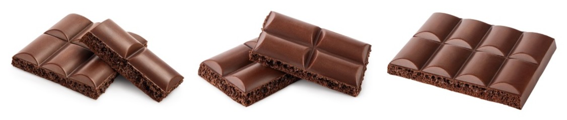 Small dark chocolate pieces isolated on white background with clipping path. Set or collection