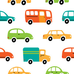 Seamless vector pattern with colorful cars on a white background. Bus, cars and truck driving on the road.