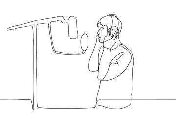 vector illustration man in the process of recording. One continuous line drawing Professional voice recording (voiceover, track recording).
