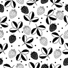 Seamless vector pattern with black and white strawberries and leaves on a white background. For coloring book page and for design of fabrics, packaging , wallpapers.